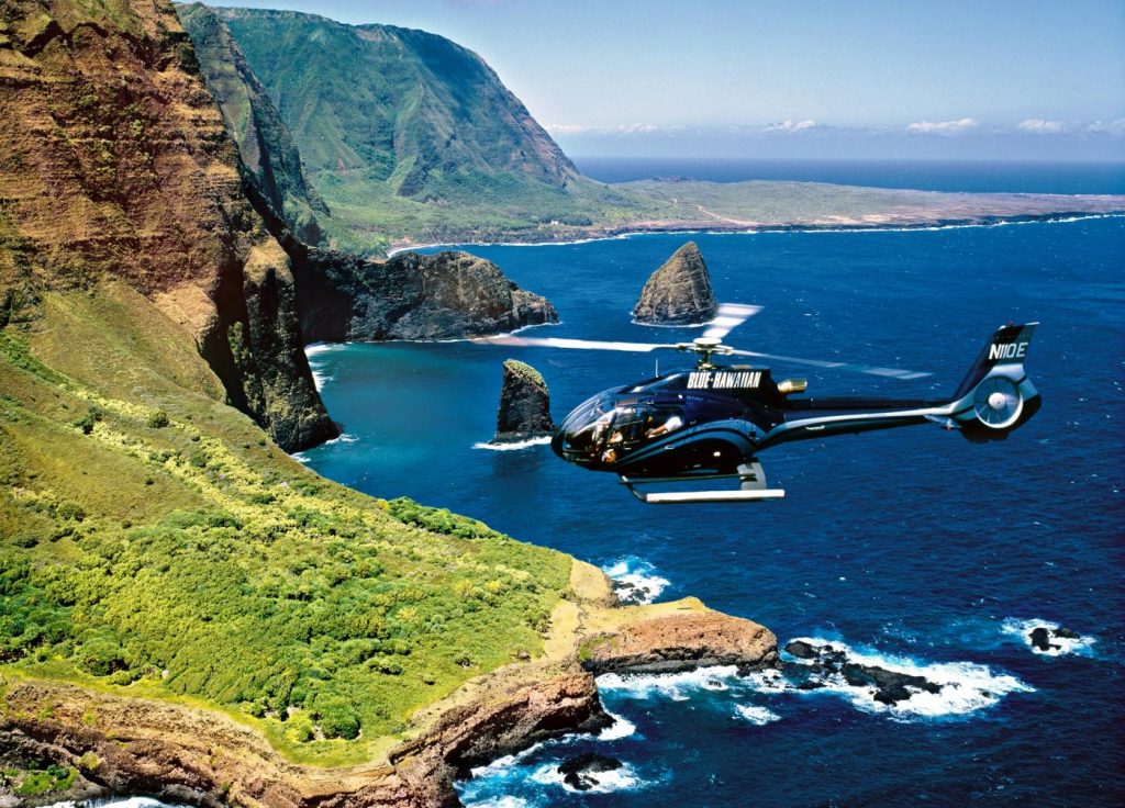 A Blue Hawaiian Helicopter touring the Maui coast.